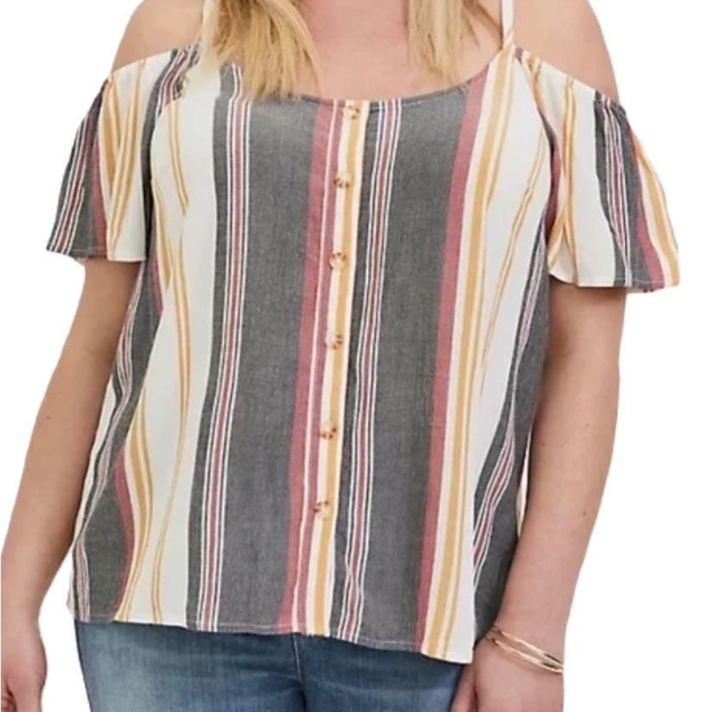 Multi Stripe Textured Button Front Cold Shoulder Top